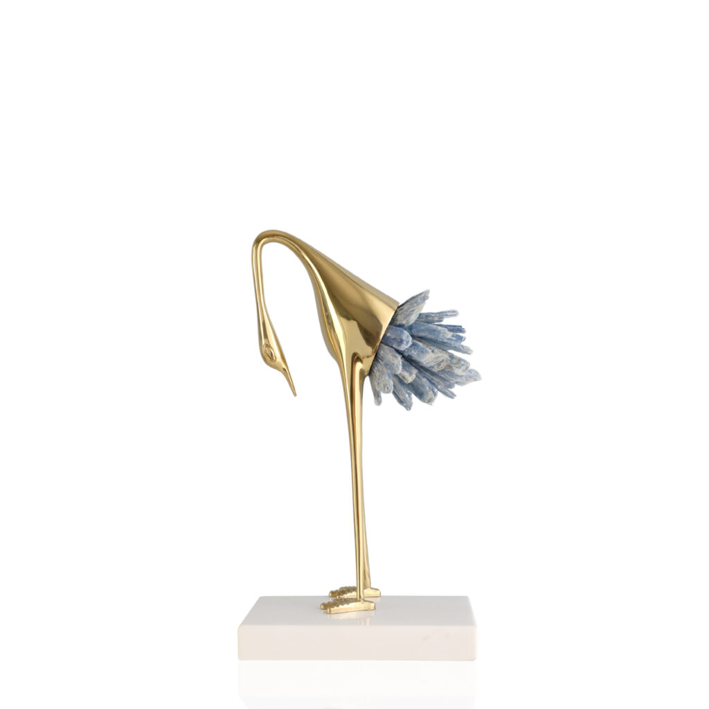 Luksusowa figurka żuraw 22 cm statuetka z kamieniem kyanit