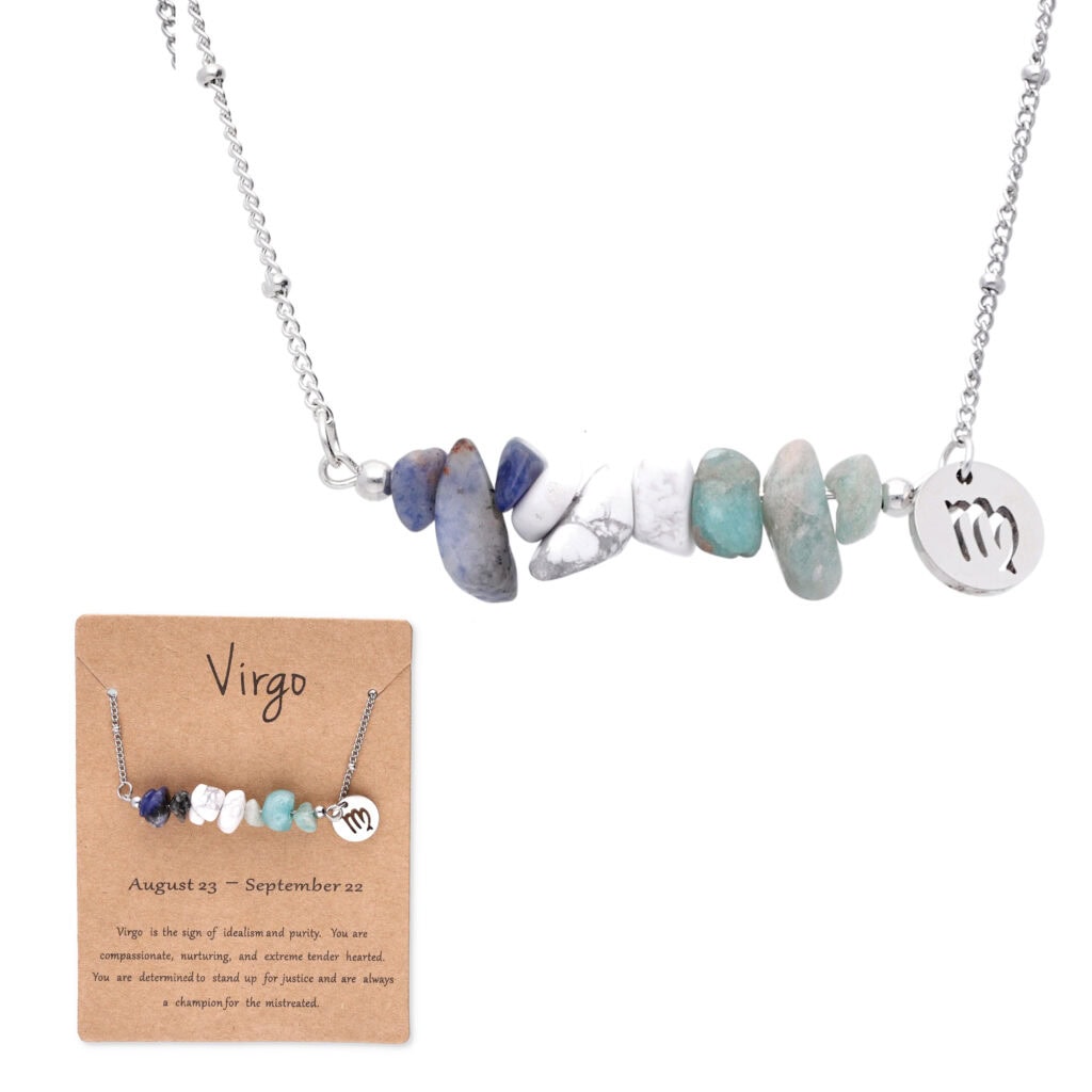 Naszyjnik z naturalnych kamieni i zawieszką znak zodiaku Virgo.